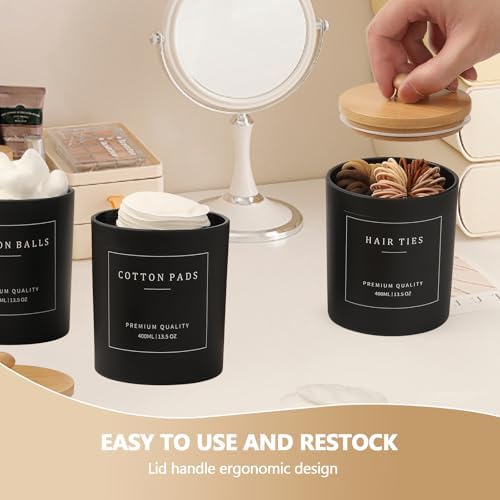 3 Pack Qtip Holder - Bathroom Organizers and Storage, Cotton Round Pad Dispenser Floss Pick Holder with Tray, Glass Apothecary Jars with Lids, Cotton Ball Container - Black - Image 6