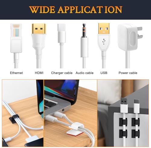 SOULWIT 50 Pcs Self Adhesive Cable Management Clips, Cable Organizers Sticky Wire Clips Cord Holder for TV PC Laptop Ethernet Cable Desktop Home Office (White) - Image 5