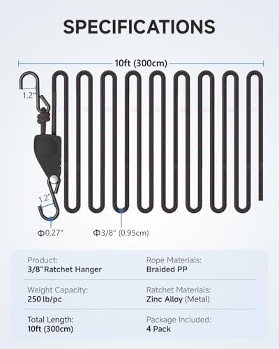 Fondwell Rope Tie Downs Small Ratchet Straps, Adjustable Grow Light Hangers - Image 2