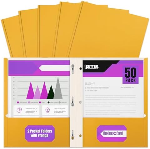 Better Office Products Dark Yellow 2 Pocket Folders with Prongs, 50 Pack, Letter Size, Matte Texture, 8.5 x 11 Inch by BetterOfficeProducts