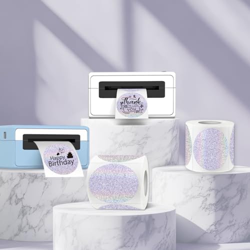3 Inch Holographic Thermal Labels,Round Thermal Printer Labels,Waterproof Thermal Printer Stickers for DIY Logo Design,Name Tag,QR Code,Thanks Card 150 Labels/Roll (Purple dots) - Image 4