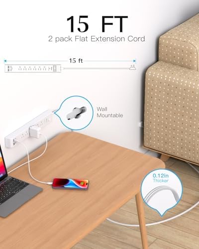 2 Pack Extension Cord 15FT, Power Strip Surge Protector with 6 Outlets and 4 USB Ports (2 USB C), Flat Plug Overload Protection, Extension Cord with Multiple Outlets, Wall Mount for Home Dorm College - Image 2