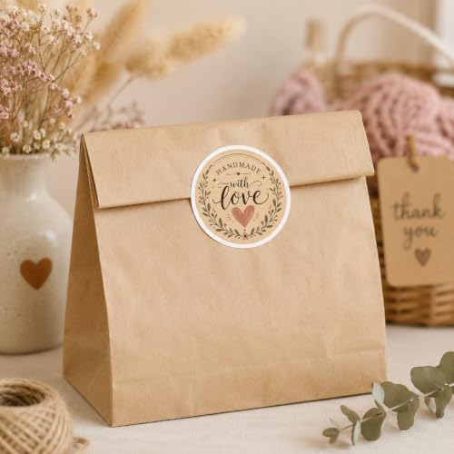 60pcs Handmade with Love Stickers, Kraft Floral Wreath Packaging Labels, Small Business Branding Seal Stickers for Handmade Products, Round 2 Inch Thank You Tags - Image 6