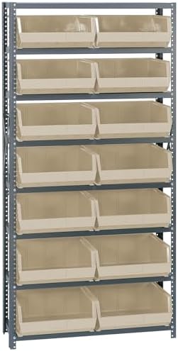 Quantum Storage Systems QSBU-250IV Giant Open Hopper Steel Shelving System, 12" D x 36" W x 75" H, with 8 Shelves and 14 QUS250 Bins, Ivory by QuantumStorageSystems