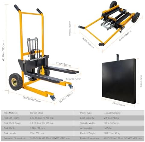 Foldable Hydraulic Material Lift Stacker, 450lbs 35.8" Max Lift, Portable Pallet Truck Dolly w/Swivel Casters, Adjustable Forks, Fork Lift Table Cart, Pallet Jacks & Trucks for Warehouse, Shop - Image 3