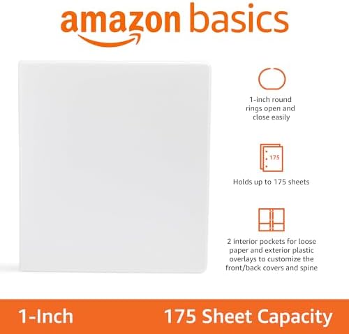 Amazon Basics 3-Ring Binder with Round Rings and Interior Pockets, 1-Inch, White, 8-Pack - Image 2
