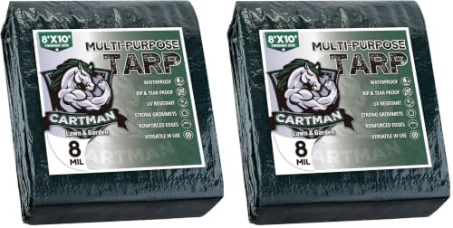 CARTMAN 4 Pack Finished Size 8x10 Feet Waterproof Green Tarp 8 Mil Thick, Multipurpose Protective Cover for Emergency Rain Shelter Camping Tarpaulin by CARTMAN