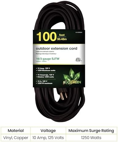 Go Green Power 16/3 100ft Black Outdoor Extension Cord - Heavy Duty, Moisture Resistant, 10 Amps, 1250 Watts - Perfect for Tools & Equipment - G-13700BK - Image 2