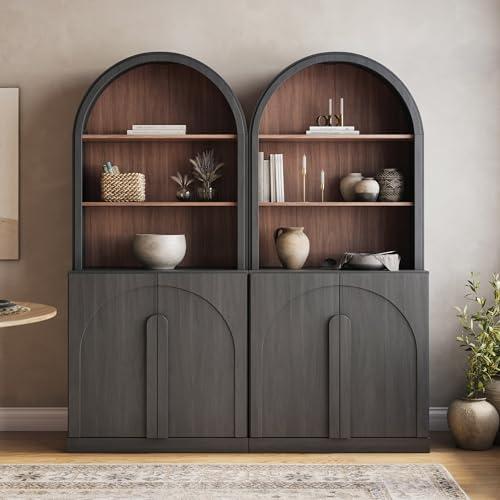 BELLEZE Arched Bookshelf with Storage Set of 2, 71" Tall Wood Curio Display Cabinet with Adjustable Shelf, 5 Tier Modern Bookcase Shelf with Door for Living Room Office, Ebony - Image 5