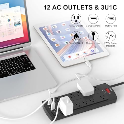 Yintar 6Ft Surge Protector Power Strip with 12 Outlets and 4 USB Ports - Image 2