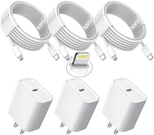 3Pack Extra Long 10FT iPhone Fast Charger,iPhone Charger Fast Charging Quick 10Foot USB C to Lightning Cable Cord Type C Fast Charging Block Wall Charger for iPhone 14/14 Pro/13/12 Mini/11/XS/X/iPad by TrimDish