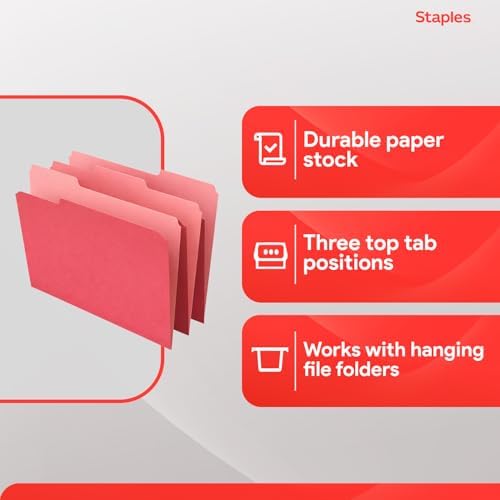 Staples File Folders, Letter Size, 1/3-Cut Tabs, Red, 100/Pack - Image 4