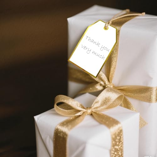 100Pcs Gold Gift Tags with String Attached Foil Gold Frame Large White Paper Gift Tags Presents with 65 Ft Jute Twine for Christmas Holiday Baby Shower Wedding Birthday Gift Wrap Tags - Image 2