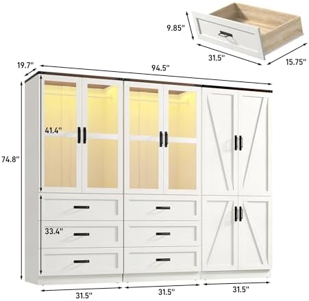 75" Tall Farmhouse 6 Doors Armoire Wardrobe Closet with 3 Drawers and LED,Freestanding Closet Wardrobe Cabinet for Bedroom with Hanging Rod,Wooden Armoire Storage Cabinet(Rustic Off White 6 Doors 2) - Image 2