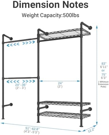 Timate F2 Industrial Pipe Clothes Rack Wall Mounted Clothing Rack for Hanging Clothes, Expandable Garment Racks Heavy Duty Wardrobe Closet Organizer and Storage, Black Adjustable Industrial Closet Kit - Image 4