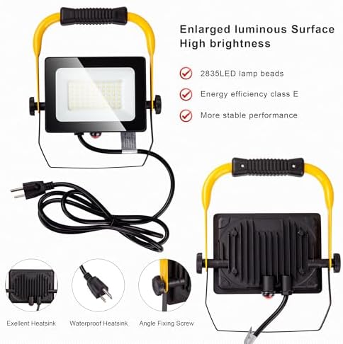 50W LED Work Light, 5000LM Portable Flood Lights, 6ft Cord with Plug & Switch IP66 Waterproof,5000K,Adjustable Working Lights for Workshop, Garage, Construction Site - Image 4