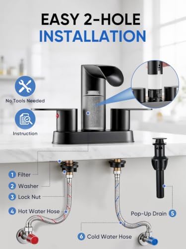 Cobbe Waterfall Bathroom Faucets with Filter, Matte Black Bathroom Sink Faucet 2 or 3 Hole, 4 Inch Centerset with Pop-Up Drain, 2 Handle & Supply Hoses, Lead-Free Stainless Steel for Vanity Sink RV - Image 7