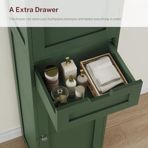 TEENFON Tall Bathroom Cabinet with 2 Doors & 1 Drawer, Narrow Bathroom Storage Cabinet with Adjustable Shelves, for Living Room, Entryway, Kitchen, Forest Green - Image 6