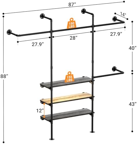 Cyclysio 7.25FT Wall Mounted Industrial Pipe Clothing Rack - Image 2