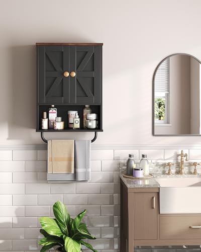 CHOEZON Bathroom Wall Cabinet, Medicine Cabinet with Open Partition and Towel Bar, Rustic Storage Cabinet with Open and Hidden Storage Space, for Bathroom, Living Room, Kitchen, Black and Walnut - Image 2
