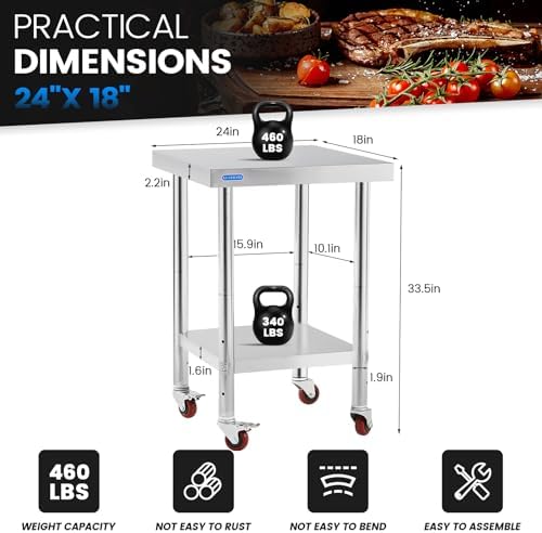 KUARBARR Stainless Steel Table for Prep & Work with 4 Caster Wheels with Undershelf 18 x 24 NSF Metal Commercial Kitchen Prep Table with Adjustable Under Shelf Worktable for Restaurant Home Outdoor - Image 2