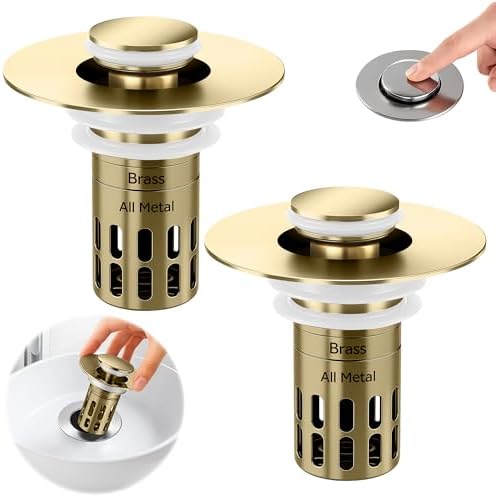 (All Metal) Bathroom Sink Stopper, Pop Up Drain Strainer for Bathroom Sink, Sink Plug Hair Catcher, Silent Popper Core w/Removable Filter Basket,Fit 1.05~2.0''Basin (Gold, 2 Pack) by Unknown