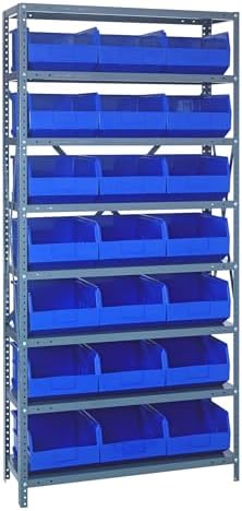 Quantum 1275-425BL Heavy Duty Shelving Unit with (8) Shelves and (21) SSB425 Blue Bins for Garage Warehouse Storage Distribution | 400 lb Load Capacity | 12"D x 36"L x 75"H, Galvanized Carbon Steel by QuantumStorageSystems