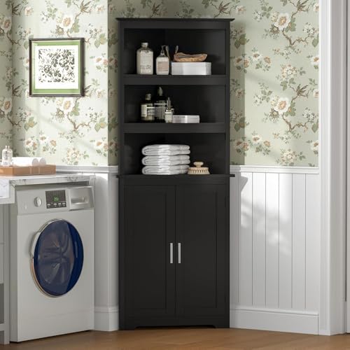 TEENFON Corner Cabinet, Tall Corner Hutch with 5 Shelves & 2 Doors, Bathroom Cabinet with Adjustable Shelf, for Living Room, Kitchen, Bathroom, Black - Image 4