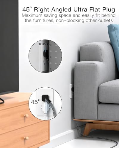 Flat Plug Extension Cord, Surge Protector Power Strip 15FT, 10-in-1 with 6 AC Outlets 4 USB Ports(2 USB-C), Extension Cord with Multiple Outlets, Wall Mountable, 1080J Surge Protection, Black - Image 6