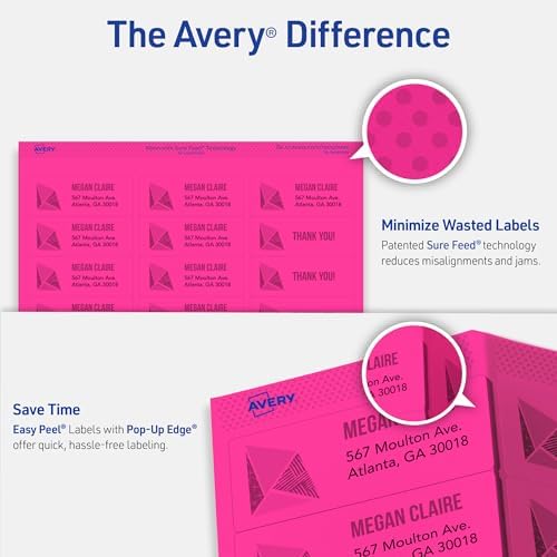 Avery Printable Address Labels with Sure Feed, 1" x 2-5/8", Assorted Neon Colors (Magenta, Green and Yellow), Laser & Inkjet Compatible, 450 Blank Labels Total (5979) - Image 4
