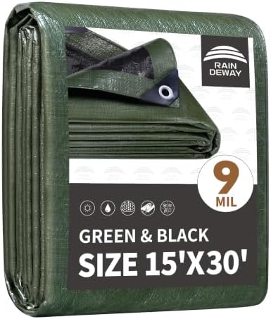 RAINDEWAY 15x30 Feet Tarp Waterproof,9Mil Green/Black Poly Tarps Cover by RAINDEWAY