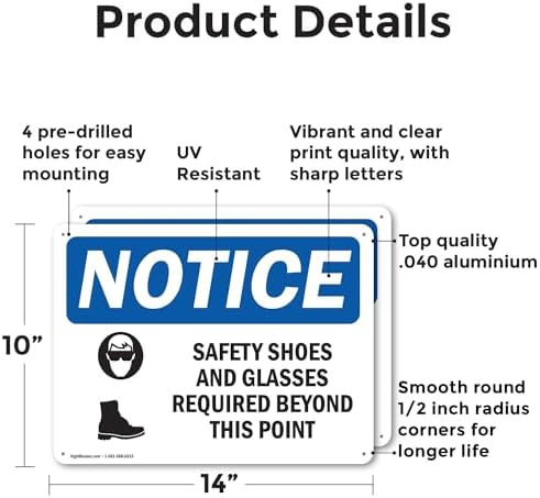 (2 Pack) Safety Shoes And Glasses Required OSHA Notice Sign 14 Inch X 10 Inch Indoor/Outdoor Rust-Free Aluminum Metal Signs for Workplace, Workshop, and Construction Site, Made in the USA - Image 2