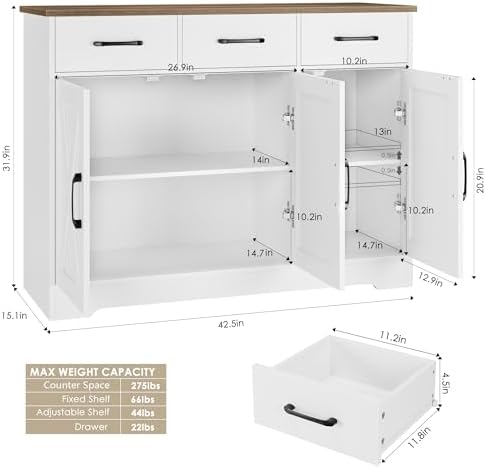HOSTACK Kitchen Buffet Cabinet with Storage, Sideboard Coffee Bar, White - Image 3