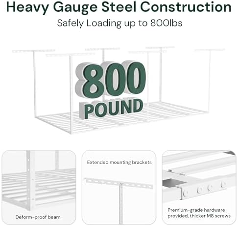 SunsGrove 4x8 Garage Storage Overhead Rack Organization, Adjustable Ceiling Mounted Storage Racks, 800LBS Weight Capacity, 22"-40" Ceiling Dropdown, 2 Pcs, White - Image 2