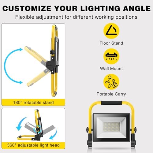 LED Work Light 10000 Lumens, Portable Work Light with Stand, 72 LED COB 6500K, IP66 Waterproof Outdoor Lights, 360° Adjustable Mechanic Light for Garage, Construction, Camping, Shop Lights for Garage - Image 5