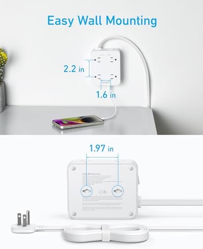 Anker Surge Protector Flat Plug Power Strip 2000J, 5ft Thin Extension Cord, 8 Outlets,2 USB A and 1 USB C Port,20W for iPhone15,Wall Mount,Compact for Home,Office,Room,TUV Listed (Pack of 2) - Image 6