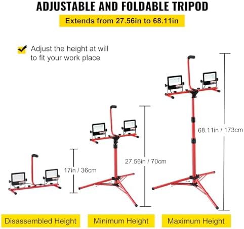 VEVOR LED Work Light with Stand, 5000 Lumen Dual-Head LED Work Light with 27.6"-68.1" Adjustable and Foldable Tripod Stand, IP65 Waterproofed LED Tripod Work Light, with 5000 Kelvin Color Temperature - Image 4
