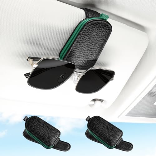 SINGARO Sunglasses Holder for Car, Leather Magnetic Buckle Sun Visor Sunglass Clip, Ticket Card Storage Glasses Clip, Car Interior Accessories for Men and Women（2PCS Black-Green） by SINGARO