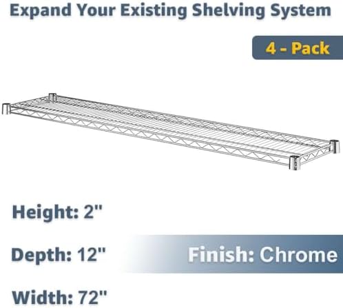 12"x72" Metal Wire Shelves 4-Pack Chrome, NSF Commercial Kitchen Storage Rack Replacement - Image 2