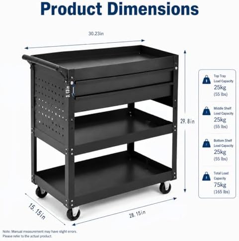 Garvee 30 Inch Rolling Tool Cart on Wheels, 3 Tier Steel Utility Tool Cabinet with 2 Drawer and Casters, Heavy Duty Tool Chest for Garage, Warehouse and Workshop - Image 5