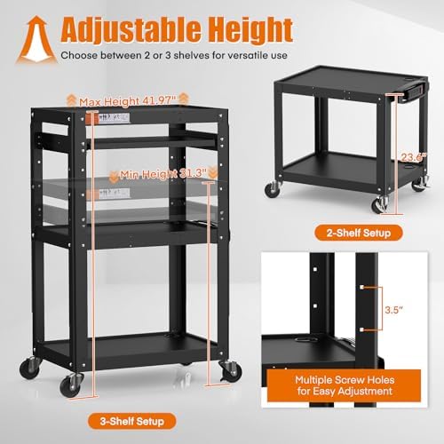 AV Presentation Cart Stand for Video Projector,TV,Laptop Computers,Printers,Metal Construction Rolling Cart with Adjustable Shelves,4 Wheels,4 Outlets, 5.75ft Cord,Support 300 lbs,Black - Image 3