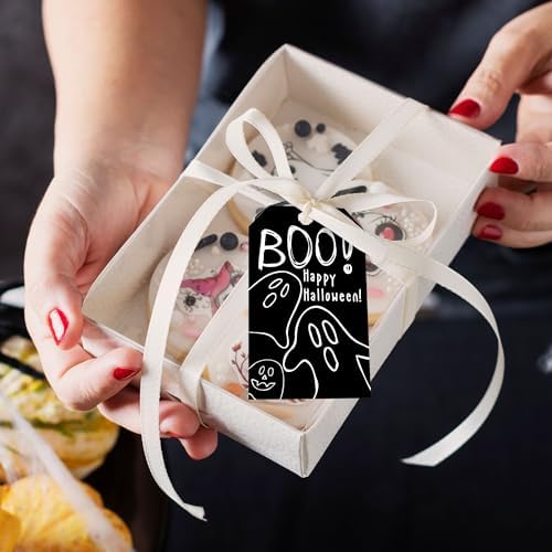 Black Halloween Paper Gift Tags with String-50Pcs, Happy Halloween Cute Ghost Boo Tags for Goodie Bags, 2 x 3.5 Inch Writable Waterproof Hanging Labels for Decor Party Supplies, Gift Wrapping-B09 - Image 5