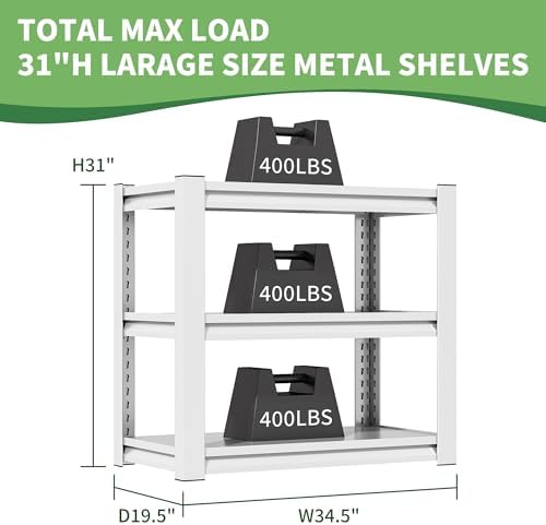 Garage Adjustable Storage Shelves, 3 Tier, Heavy Duty, 31" H*34.5" W*19.5" D, White - Image 3
