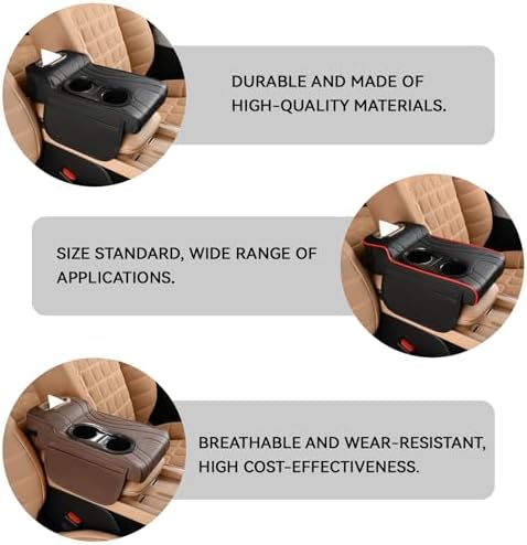 Car Armrest Cover, Embroidered Leather Car Armrest Cushion 4-in-1 Center Console Organizer with Dual Cup Holders, Tissue Box, 2 Side Storage Pockets & Card Slot, Universal for Most Cars (Black) - Image 3