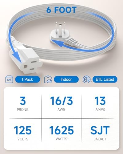 6Ft Flat Plug Short Extension Cord, White 90-Degree Plug Low Profile Power Adapter, 3-Prong Indoor Grounded Small Extension Cord 16AWG 13A 1625W 1 Pack - Image 3