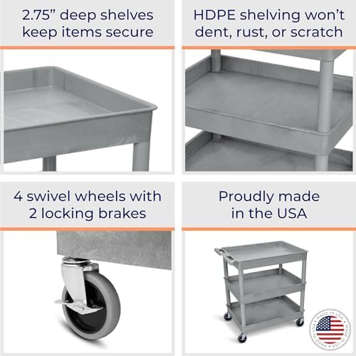 Stand Steady Tubstr Large 3 Shelf Utility Cart | Made in USA | Heavy Duty Tub Cart Holds Up to 300 lbs. | Storage Cart & Rolling Tool Cart for School, Office, Garage & Warehouse (Gray) - Image 2