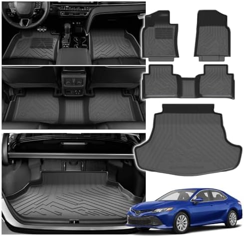 Powerty Floor Mats Cargo Liner for Toyota Camry 2018-2024 FWD Only (Not Fit Hybrid or AWD) All Weather 3D TPE Anti-Slip Car Protection, 1st & 2nd Row Set with Rear Cargo Mat Accessories by Powerty