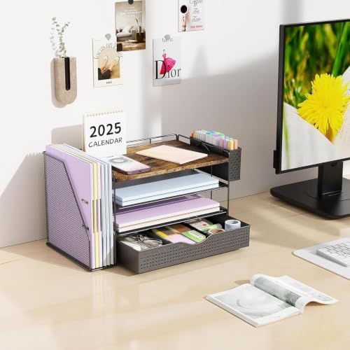 Wood Desk Organizers and Accessories with File Sorters, 4-Tier Desk Accessories & Workspace Organizers with Drawer and Pen Holder, Desk Reference Organizer (Wood, 4T with Drawer) - Image 3