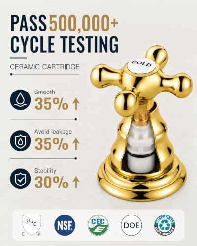 gotonovo Bathroom Faucet 3 Hole Vintage, Polish Gold, Hot Cold Label - Image 4