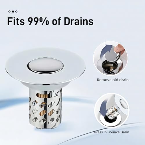 Universal Pop-Up Bathroom Sink Stopper, Stainless Steel Drain Strainer with Removable Filter Basket for 1.1"-2.36" Basin, Push-to-Bounce Core, Bathroom Sink Plug, Hair Catcher, 2 Pack - Image 4